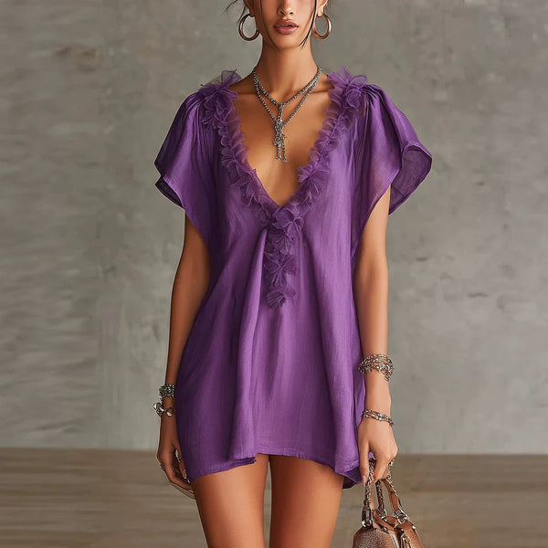 Casual Ruffled V-Neck Short-Sleeve Dress